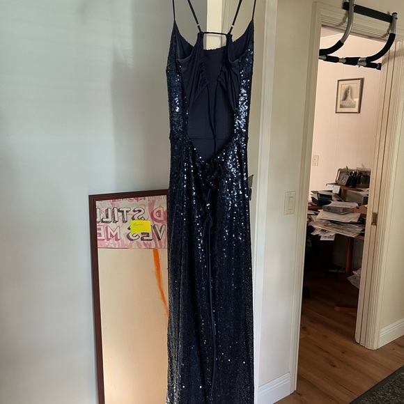 dark blue sequin prom dress, worn once, corset back, high slit
